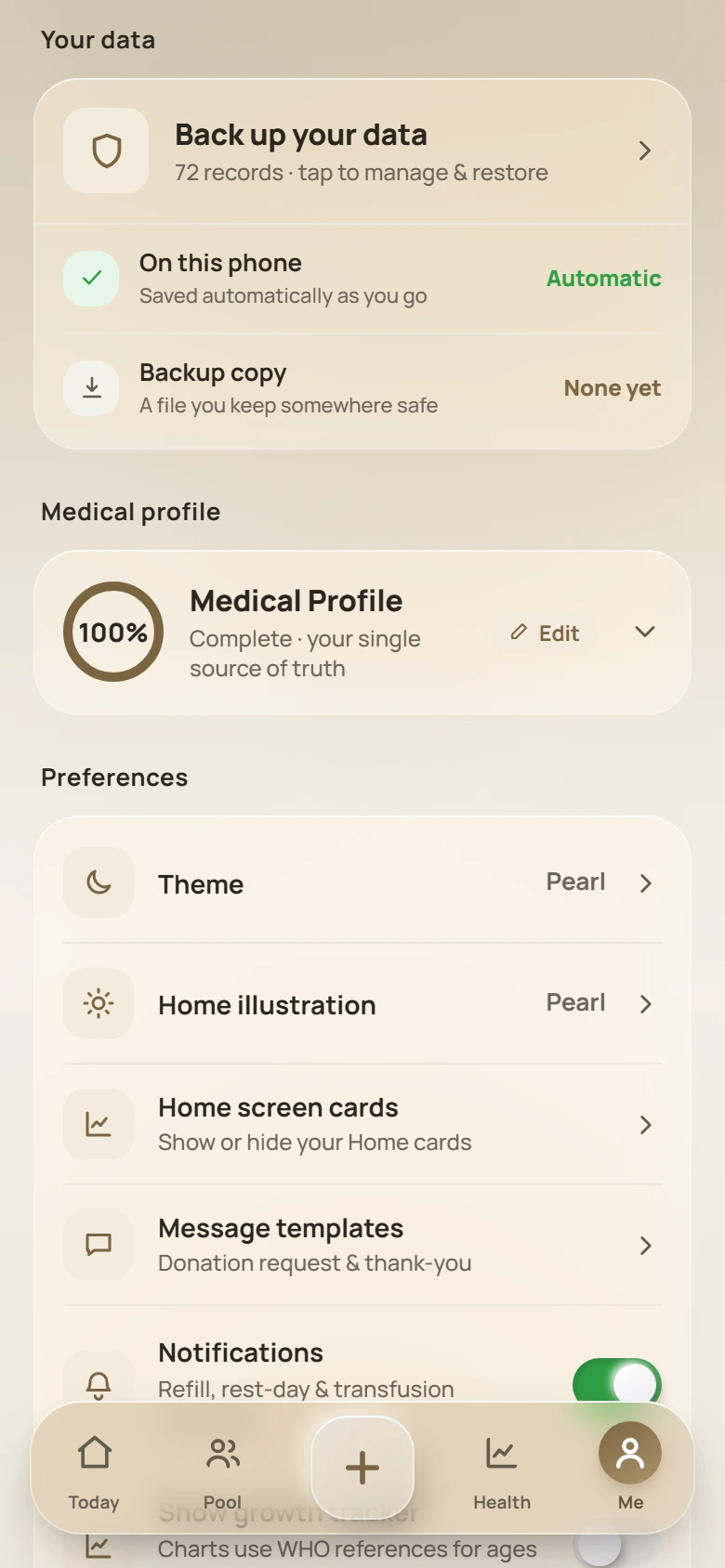 The MUIY Me screen with the medical profile, theme and settings.