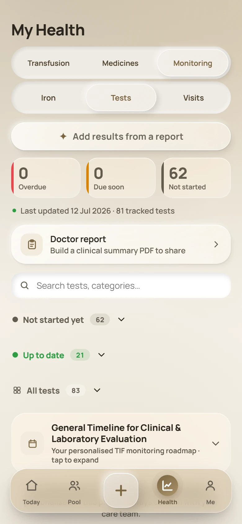 The MUIY test monitoring screen showing none overdue, none due soon and 81 tracked tests, with twenty-one up to date and a doctor report option.